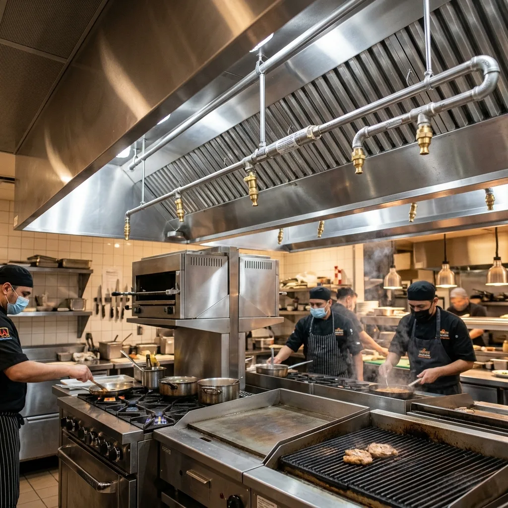 A professional view of a commercial kitchen exhaust hood with NFPA compliant brass wet chemical fire suppression nozzles positioned over cooking appliances
